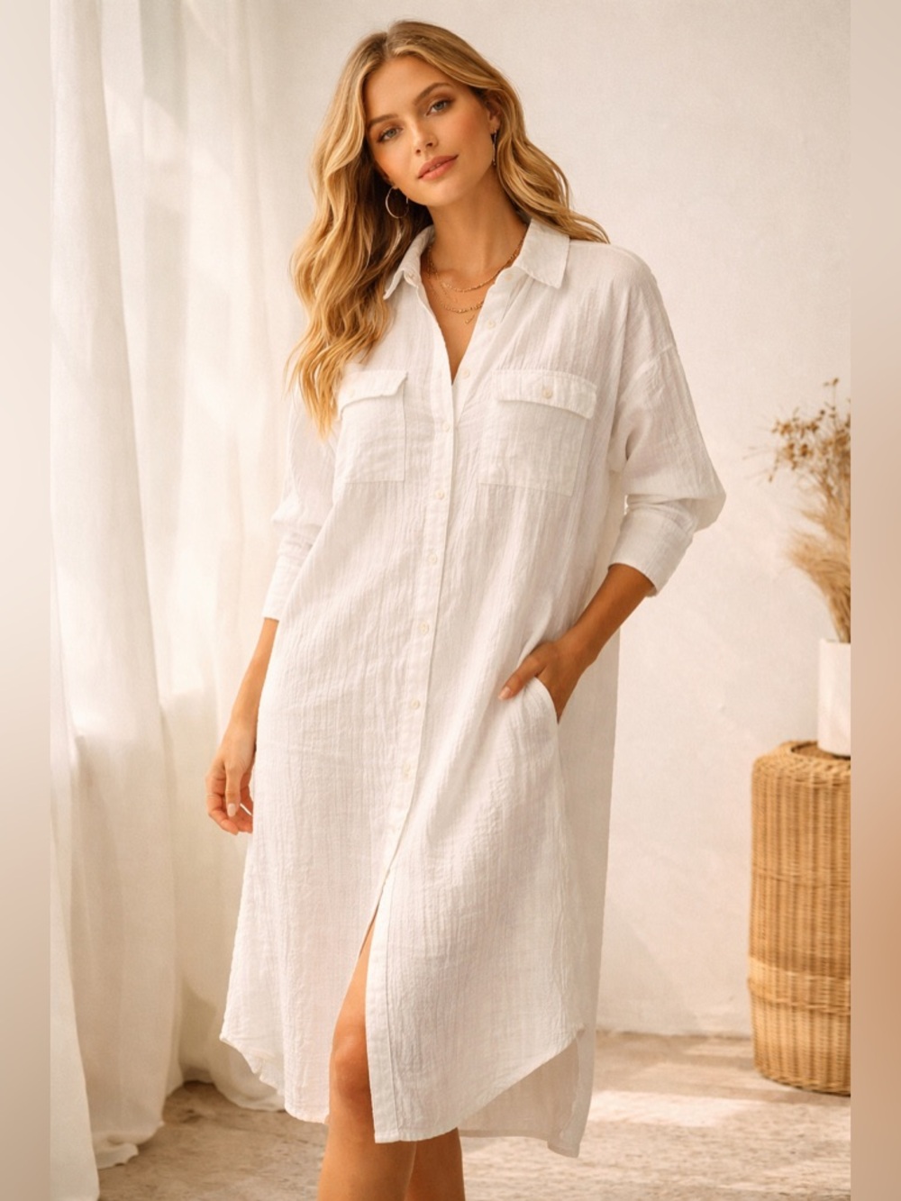 MIRTH Lined Cotton Shirt Dress White Textured Button Front Artisan XS